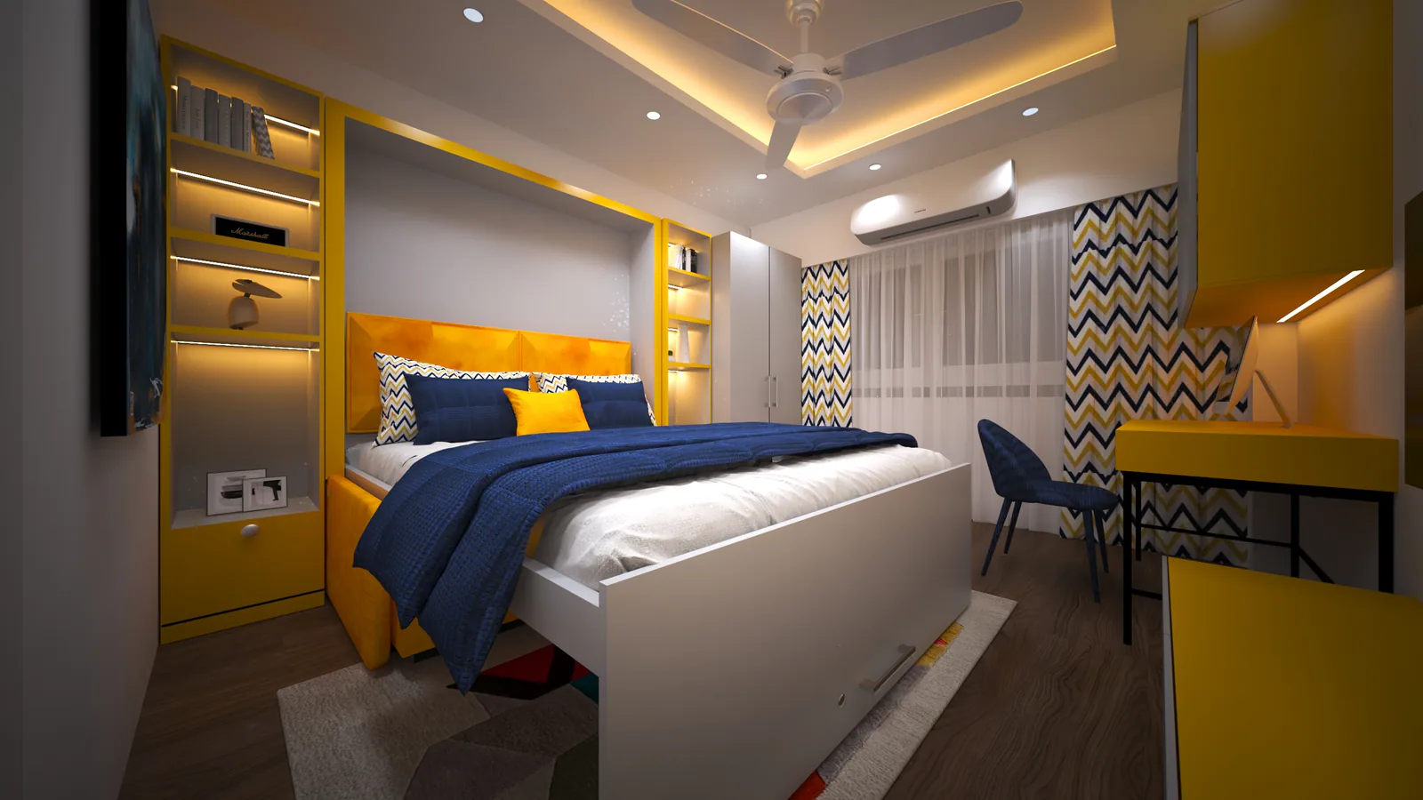 Design concept of the same compact children's room in sleep mode.