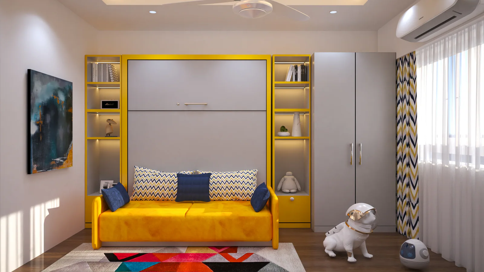 Design concept of a compact children's room in daytime sofa mode.