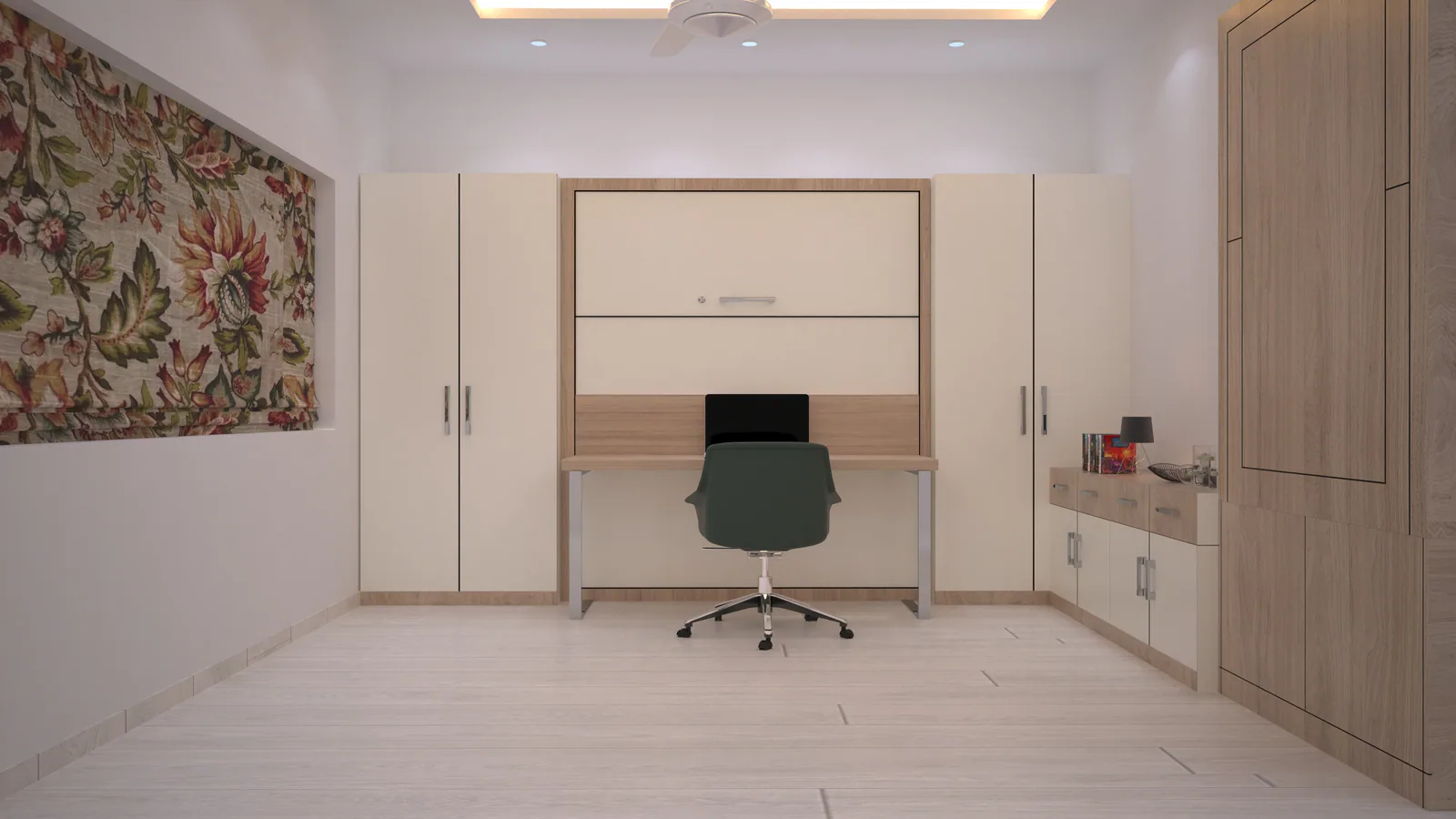 Front-view design concept of a wall bed integrated with a compact work desk.