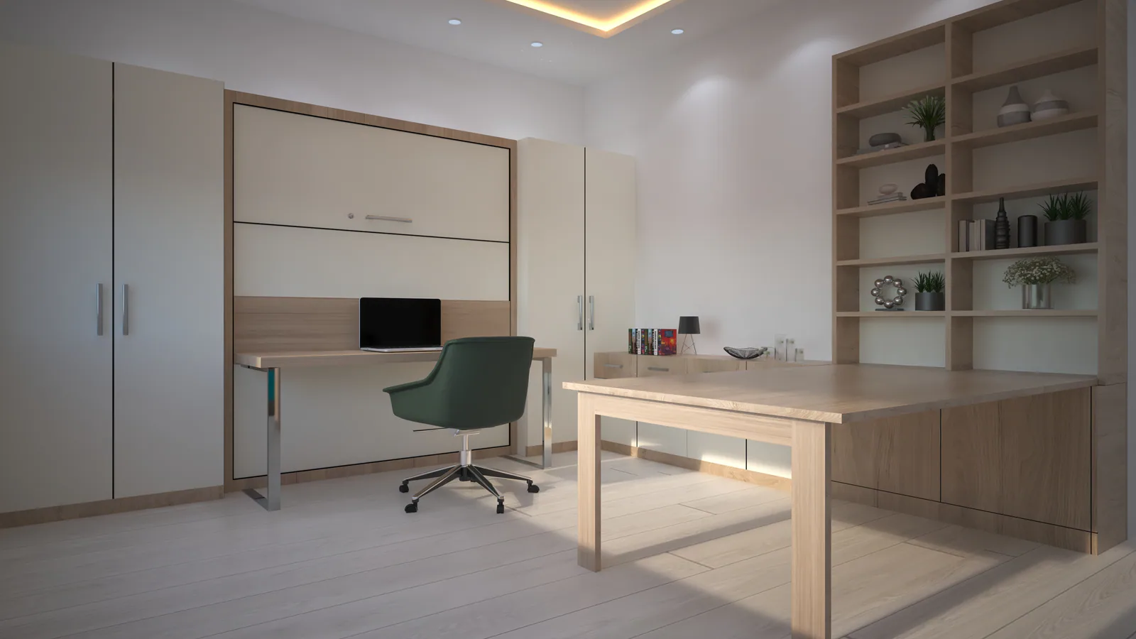 Design concept of a home office with a concealed wall bed, desk and storage.