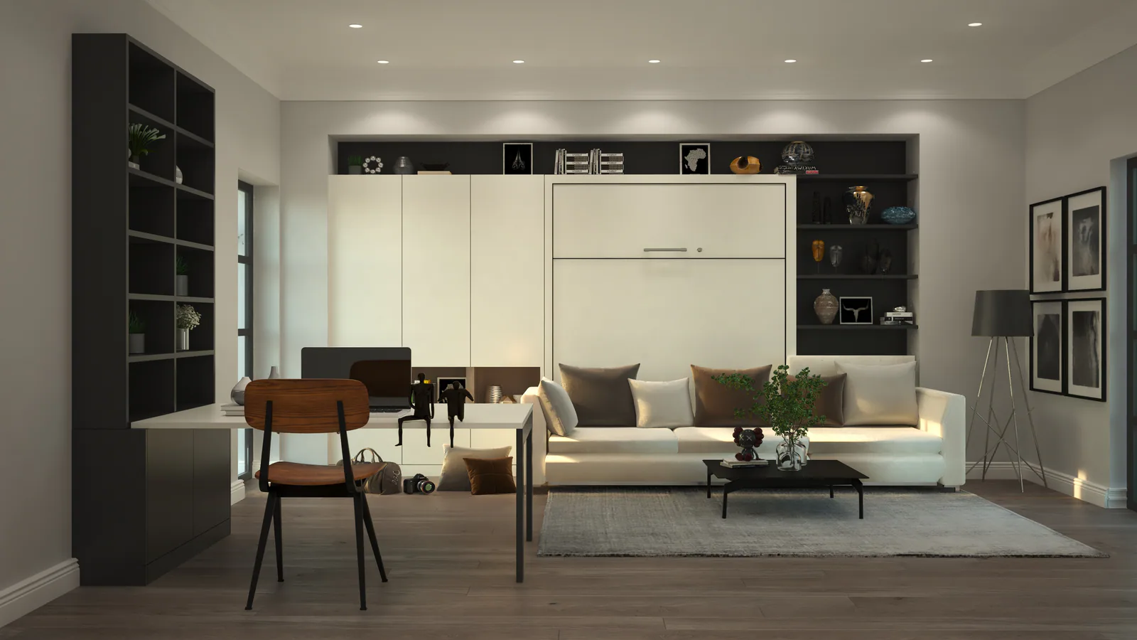Design concept of a multipurpose room arranged for dining and daytime use.