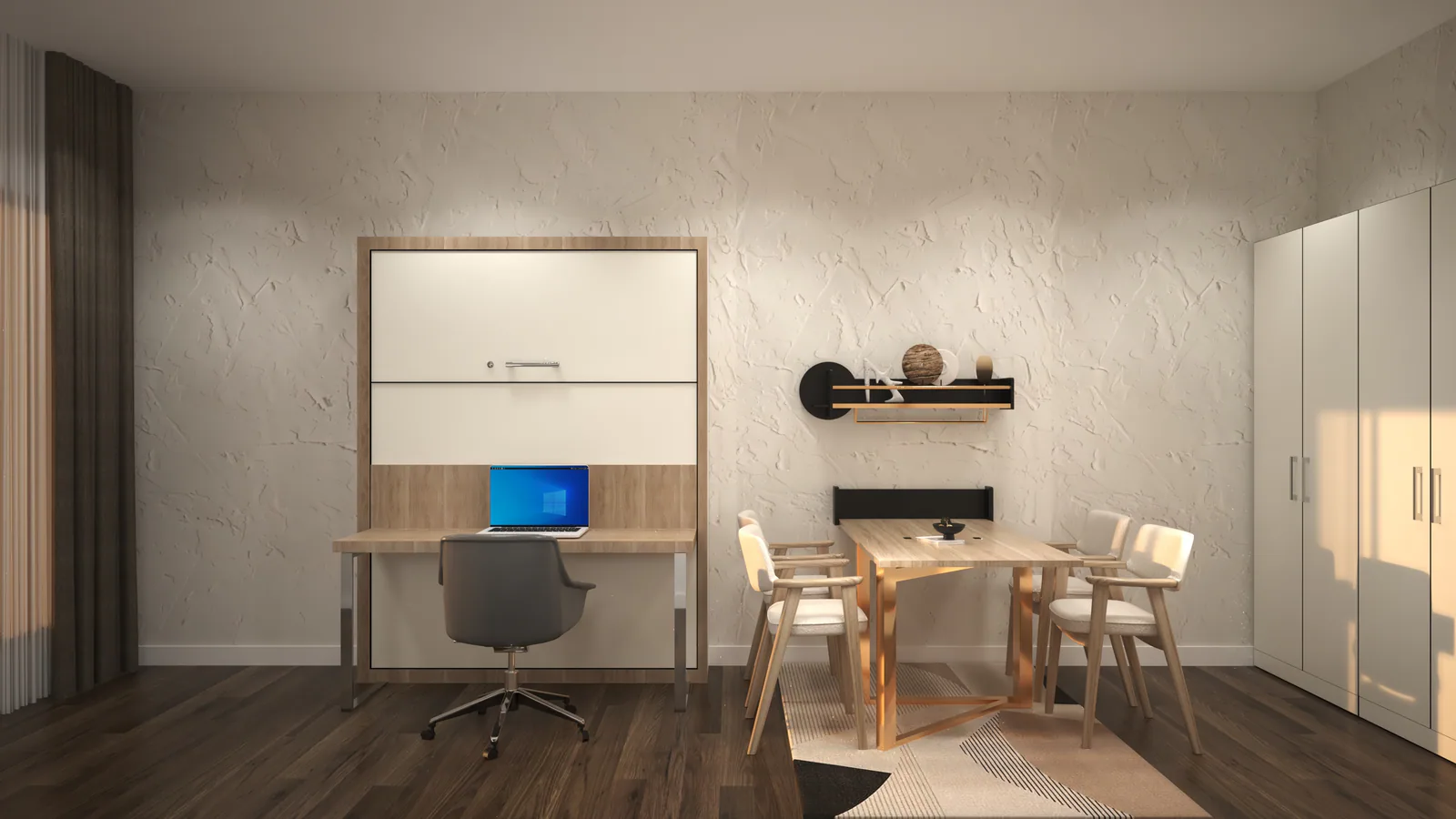 Design concept of a compact room in work mode with a desk, dining table and concealed wall bed.