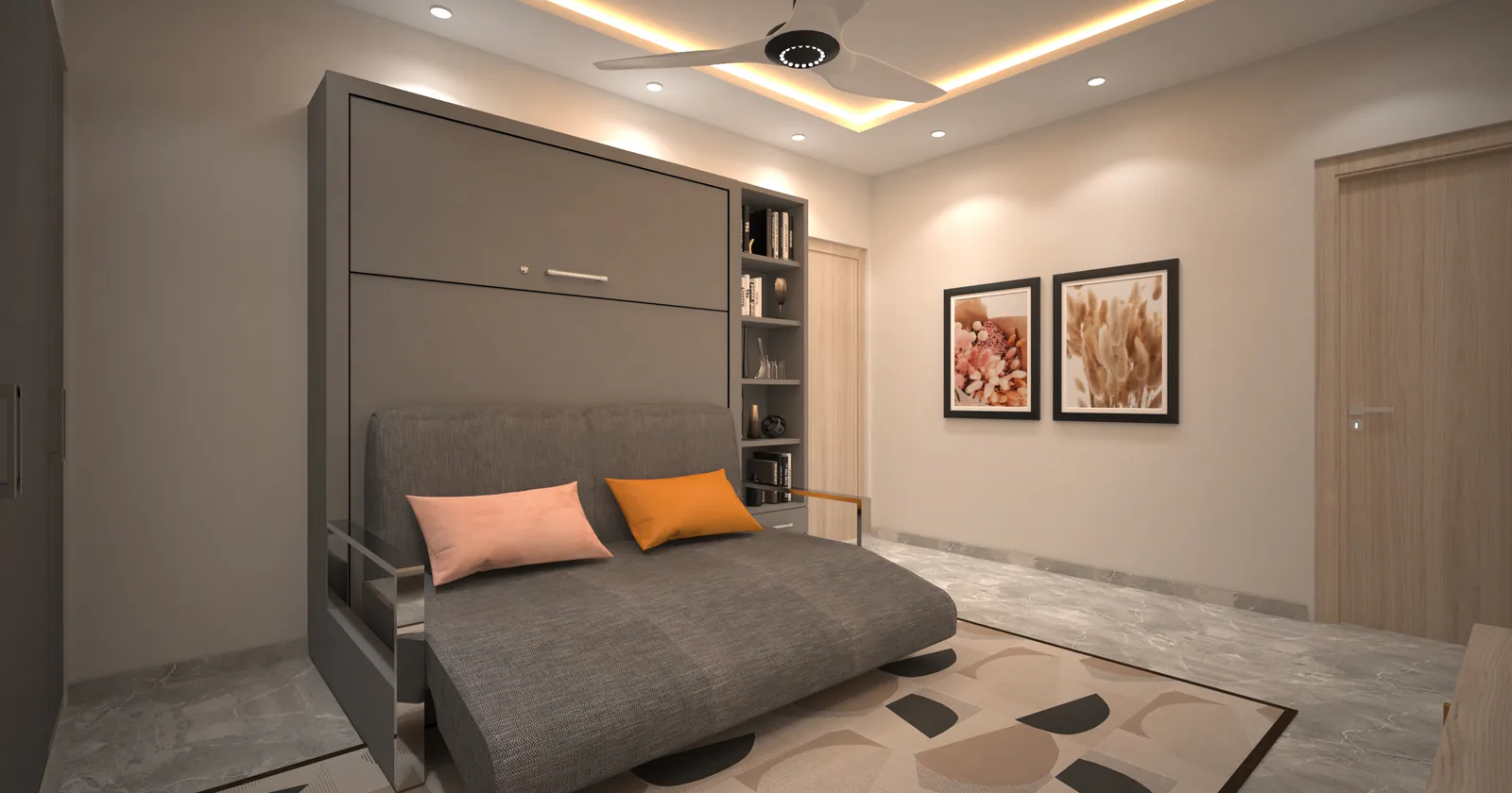 Design concept of a wall-bed system in daytime mode with a grey sofa.