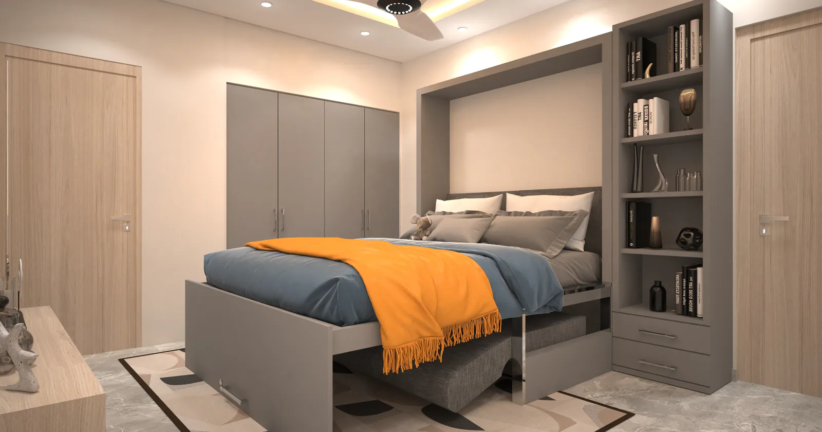 Design concept of the matching wall-bed sofa system in sleep mode.